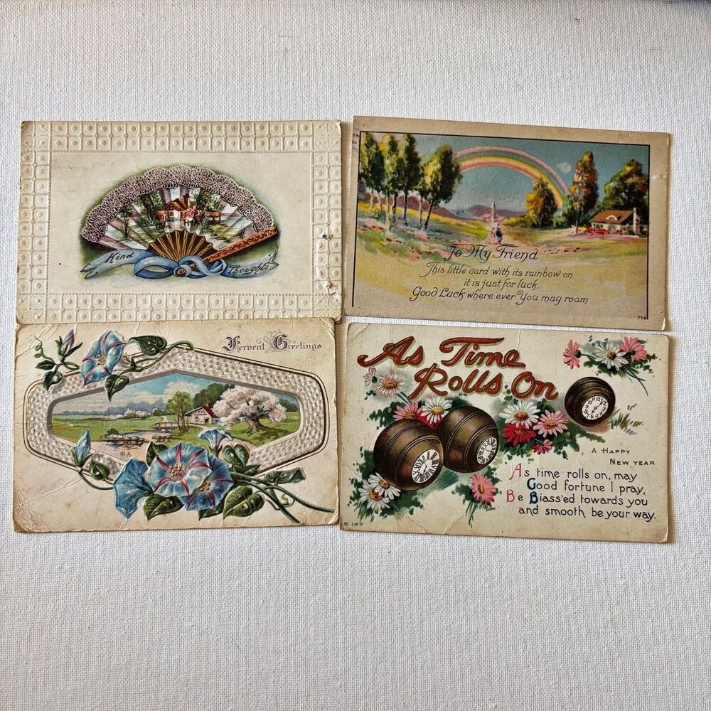 Vtg Post Cards 1900s (4) Greeting Cards Embossed Flowers Junk Journal Decoupage